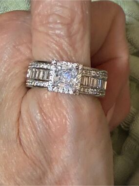 Princess Cut Halo Baguette Rhinestone Silver Tone Statement Ring Size 9